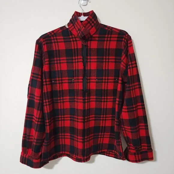 Vtg Mac Hugh Mens Virgin Wool Plaid 1/2 Zip Shirt Red Black Washable L/16-16.5 - Picture 4 of 8